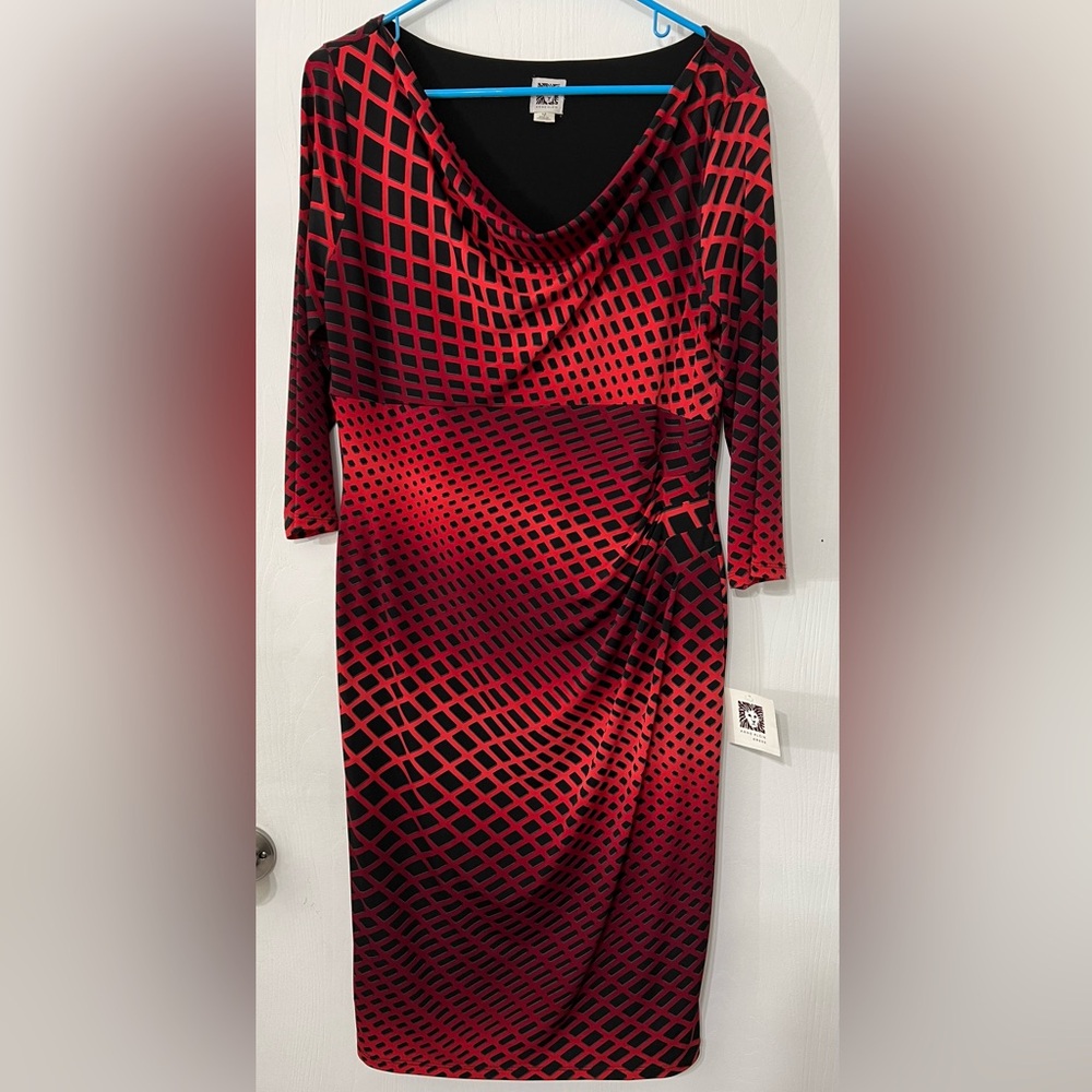 Anne Klein Dress Geometric Black & Red Cowl Neck Midi